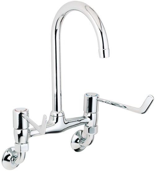 Lever Bridge Sink Tap, 6" Long Handles, Wall Mounted. additional image