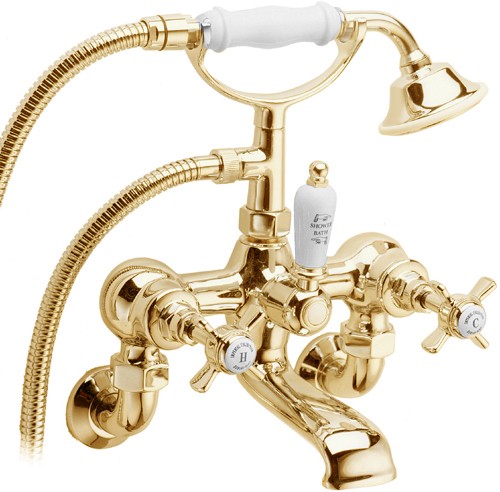 Wall Mounted Bath Shower Mixer Tap With Shower Kit (Gold). additional image