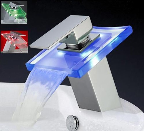 Square Glass Waterfall Basin Tap With LED lights (Chrome). additional image