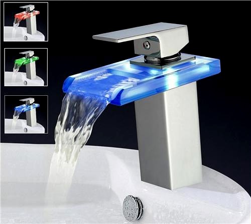 Rectangular Glass Waterfall Basin Tap With LED lights (Chrome). additional image