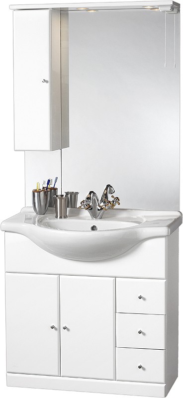 850mm Contour Vanity Unit with ceramic basin, mirror and cabinet. additional image