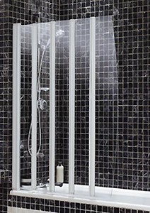 Coram Screens White frameless folding bath screen with 5 panels.