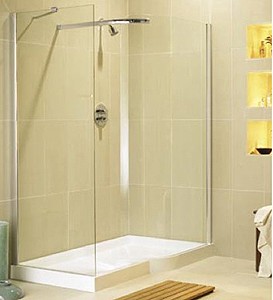 Image Allure left handed 1600x900 walk-in shower enclosure and shower tray.