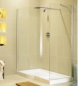 Image Allure right hand 1600x900 walk-in shower enclosure and shower tray.