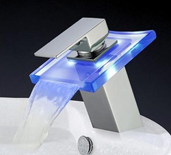 Hydra LED Square Glass Waterfall Basin Tap With LED lights (Chrome).