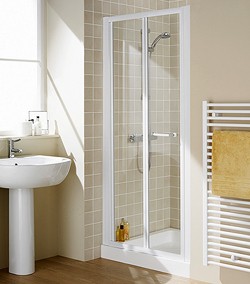 Lakes Classic 700mm Semi-Frameless Bi-Fold Shower Door (White).