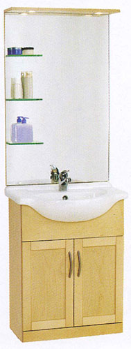 daVinci 650mm Maple Vanity Unit with basin, mirror, lights and shelves.