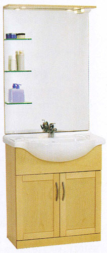 daVinci 750mm Maple Vanity Unit with basin, mirror, lights and shelves.