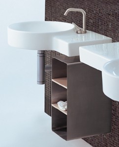 Flame 1 Tap Hole Round Wall Hung Basin With Shelf Unit. 635 x 490mm.