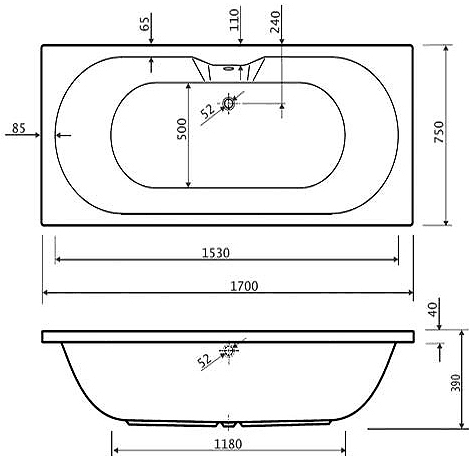 Double Ended Whirlpool Bath. 14 Jets. 1700x750mm. additional image