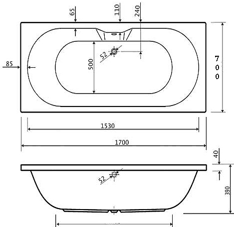 Double Ended Whirlpool Bath. 6 Jets. 1700x700mm. additional image