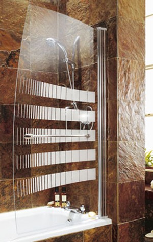 Frameless sail bath screen with chrome stripes. additional image