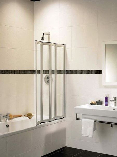 Coral silver folding bath screen with 4 folds. additional image