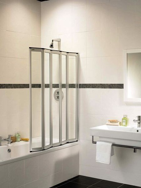 Coral silver folding bath screen with 5 folds. additional image