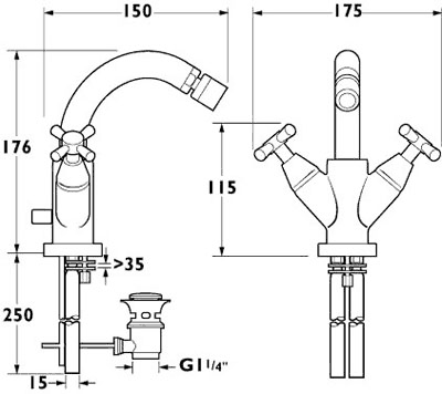 Mono Bidet Mixer Tap With Swivel Spout And Pop Up Waste. additional image