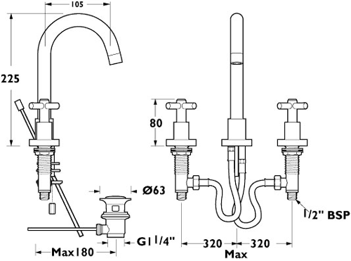 3 Hole Basin Mixer Tap With Swivel Spout And Pop Up Waste. additional image