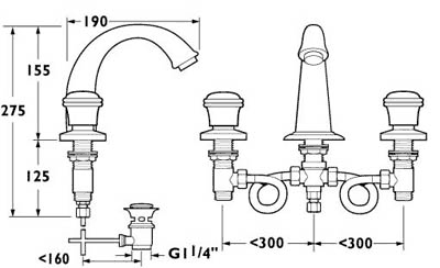 3 Hole Basin Mixer Tap With Pop Up Waste (Gold). additional image