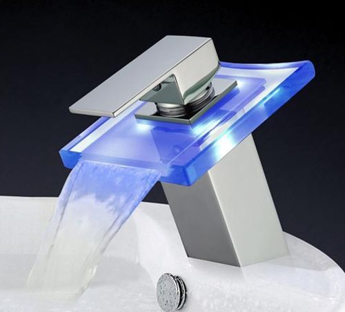 Square Glass Waterfall Basin Tap With LED lights (Chrome). additional image