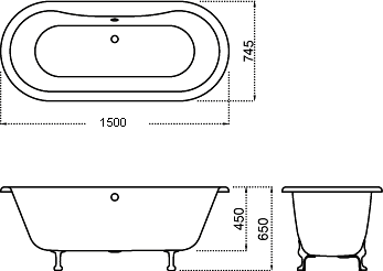 Grosvenor Double Ended Roll Top Bath With Traditional Feet.  1500mm. additional image