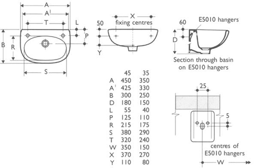 2 Tap Hole Wall Hung Basin With Hangers 455mm. additional image