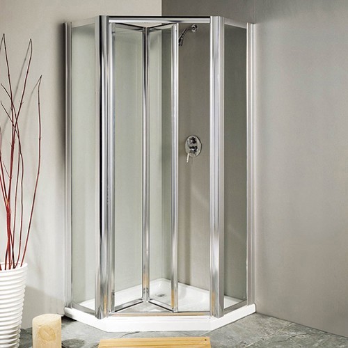 Pentagon Framed Shower Enclosure, Bi-Fold Door & Tray (Silver). additional image