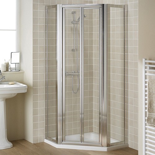 Pentagon Framed Shower Enclosure, Bi-Fold Door & Tray (Silver). additional image