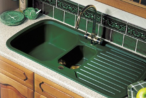 coloured kitchen sink and taps