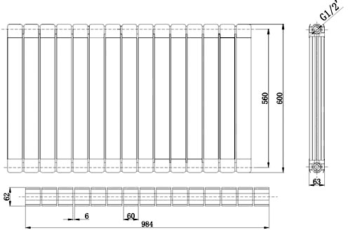 Myrtle Horizontal Radiator (Black). 984x600mm. 5728 BTU. additional image