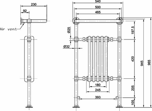 Harrow Traditional Heated Towel Rail. 540x965mm. 1875 BTU. additional image