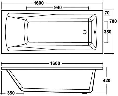 Linton Single Ended Acrylic Bath. 1600x700mm. additional image