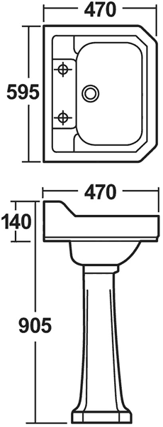 Carlton 600mm Basin & Pedestal (2 Tap Holes). additional image