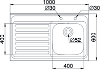 Sit On Kitchen Sink & Waste. 1000x600mm (Square Edge, 2 Tap Hole). additional image