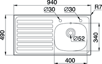 Kitchen Sink & Waste. 940x490mm (Left Hand, 2 Tap Hole). additional image