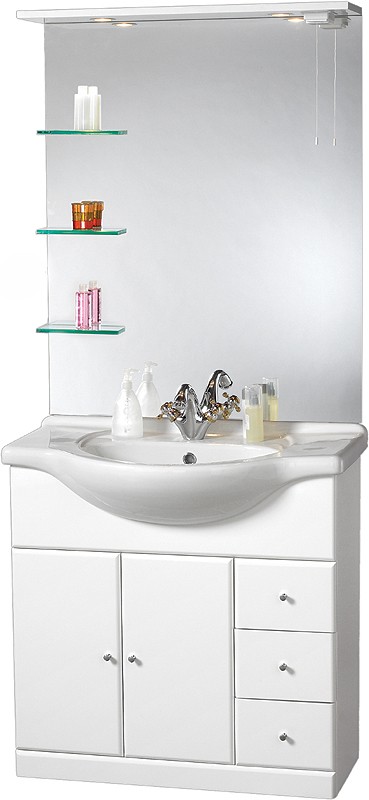 850mm Contour Vanity Unit with ceramic basin, mirror and shelves. additional image