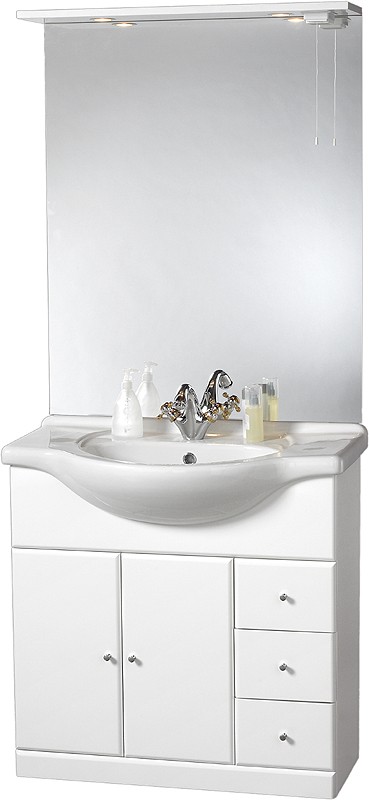 850mm Contour Vanity Unit with ceramic basin, mirror and lights. additional image