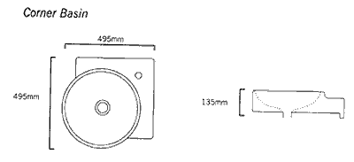 Corner Wall Hung Basin With 1 Tap Hole. 495 x 495mm. additional image