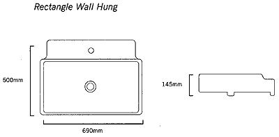 1 Tap Hole Rectangle Wall Hung Basin With Rail. 690x500mm. additional image