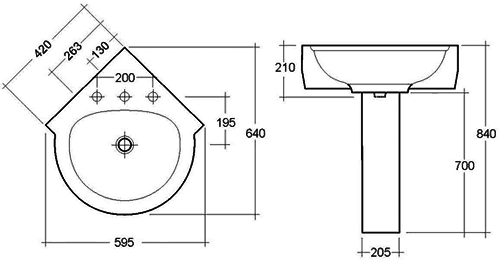 1 Tap Hole Corner Basin And Pedestal. 595mm. additional image