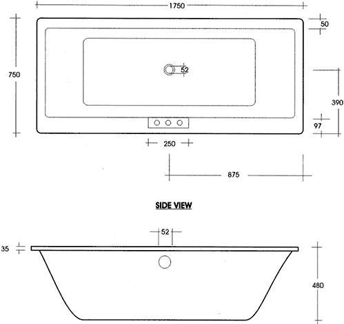 Modern Acrylic Bath. 1750x750mm (Undrilled, White). additional image