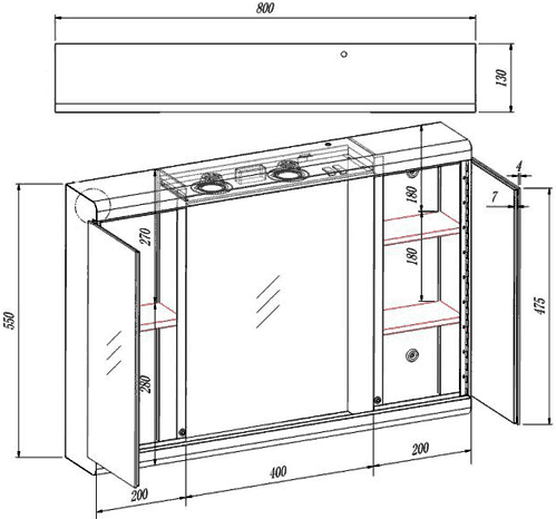 2 Door Mirror Bathroom Cabinet & Lights.  800x550x130mm. additional image