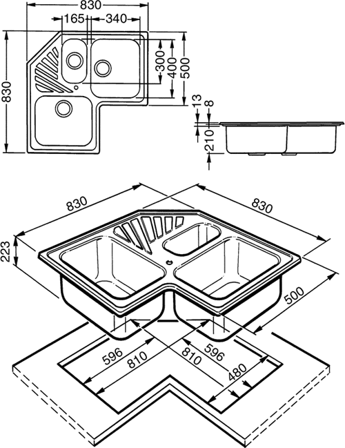 2.5 Bowl Stainless Steel Corner Inset Kitchen Sink. additional image