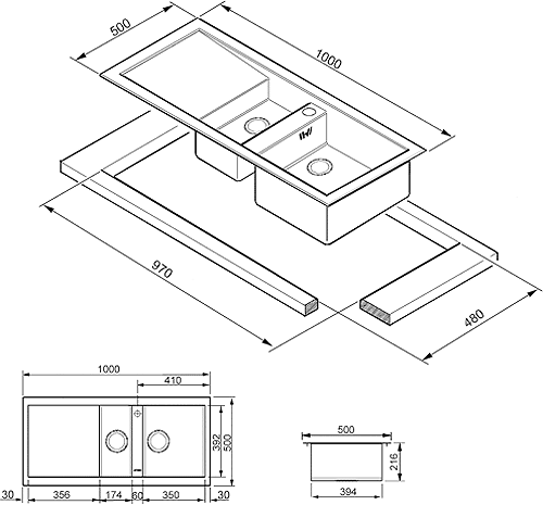 1.5 Bowl Low Profile Stainless Steel Sink, Right Hand Drainer. additional image