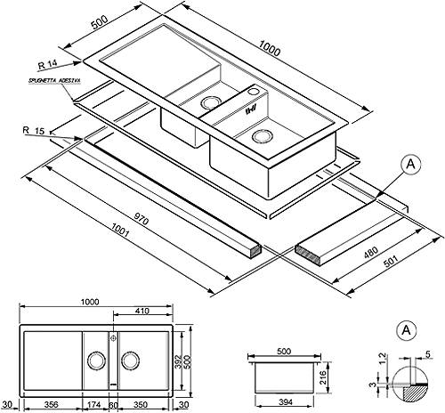 1.5 Bowl Stainless Steel Flush Fit Sink, Right Hand Drainer. additional image