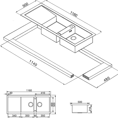 2.0 Bowl Stainless Steel Inset Kitchen Sink, Right Hand Drainer. additional image