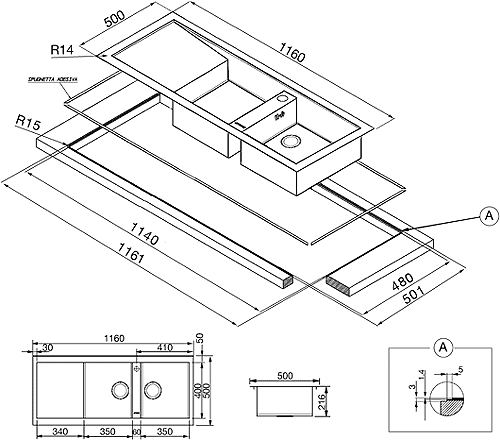 2.0 Bowl Stainless Steel Flush Fit Sink, Right Hand Drainer. additional image