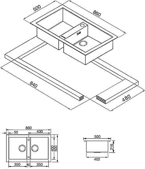 2.0 Bowl Stainless Steel, Low Profile Kitchen Sink. additional image