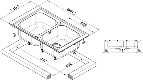 2.0 Bowl Stainless Steel Low Profile Inset Kitchen Sink. additional image