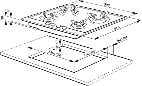 Piano 4 Burner Gas Hob. 600mm. additional image