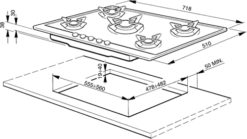 Piano 5 Burner Gas Hob. 720mm. additional image