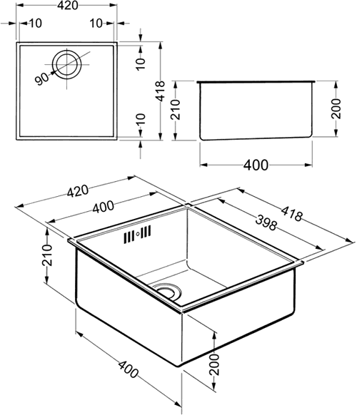 1.0 Bowl Stainless Steel Undermount Kitchen Sink. 400x400mm. additional image